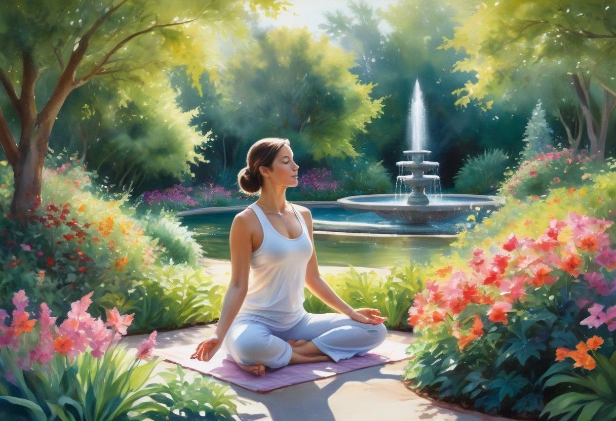 A tranquil scene featuring a serene woman practicing yoga in a sunlit garden, surrounded by vibrant flowers and lush greenery. A gentle breeze rustles the leaves, while soft rays of sunlight illuminate her peaceful expression, symbolizing balance and joy. In the background, a calming water fountain adds to the soothing atmosphere, enhancing the mind-body connection theme. watercolor painting. pastel colors.