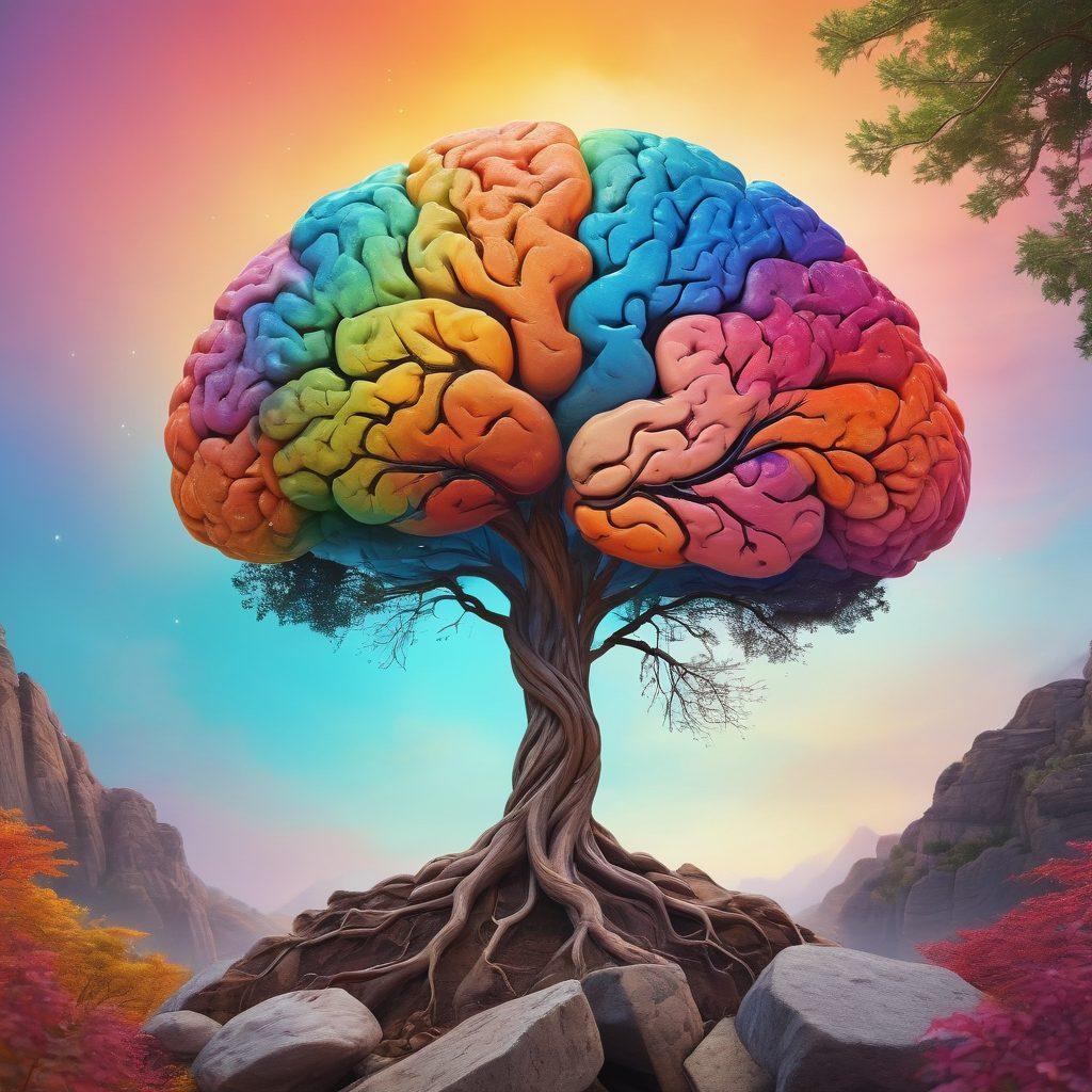 An abstract representation of a human brain intertwined with vibrant, flowing colors symbolizing emotional intelligence. Include symbols of resilience like a strong tree rooted in rocks and an eye gazing forward. The background should be a gradient of soothing and uplifting hues, portraying a sense of calm and strength. super-realistic. vibrant colors.