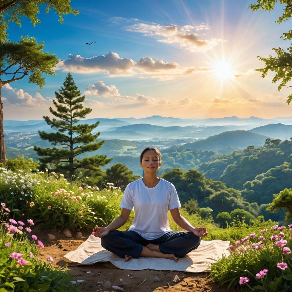 A serene landscape featuring a person meditating on a hilltop under a bright, warm sun, surrounded by lush greenery and blooming flowers; soft rays of light illuminating a peaceful expression on their face, symbolizing inner joy and tranquility. The scene should include elements of nature like birds in flight and a clear blue sky to evoke a sense of freedom and well-being. super-realistic. vibrant colors.